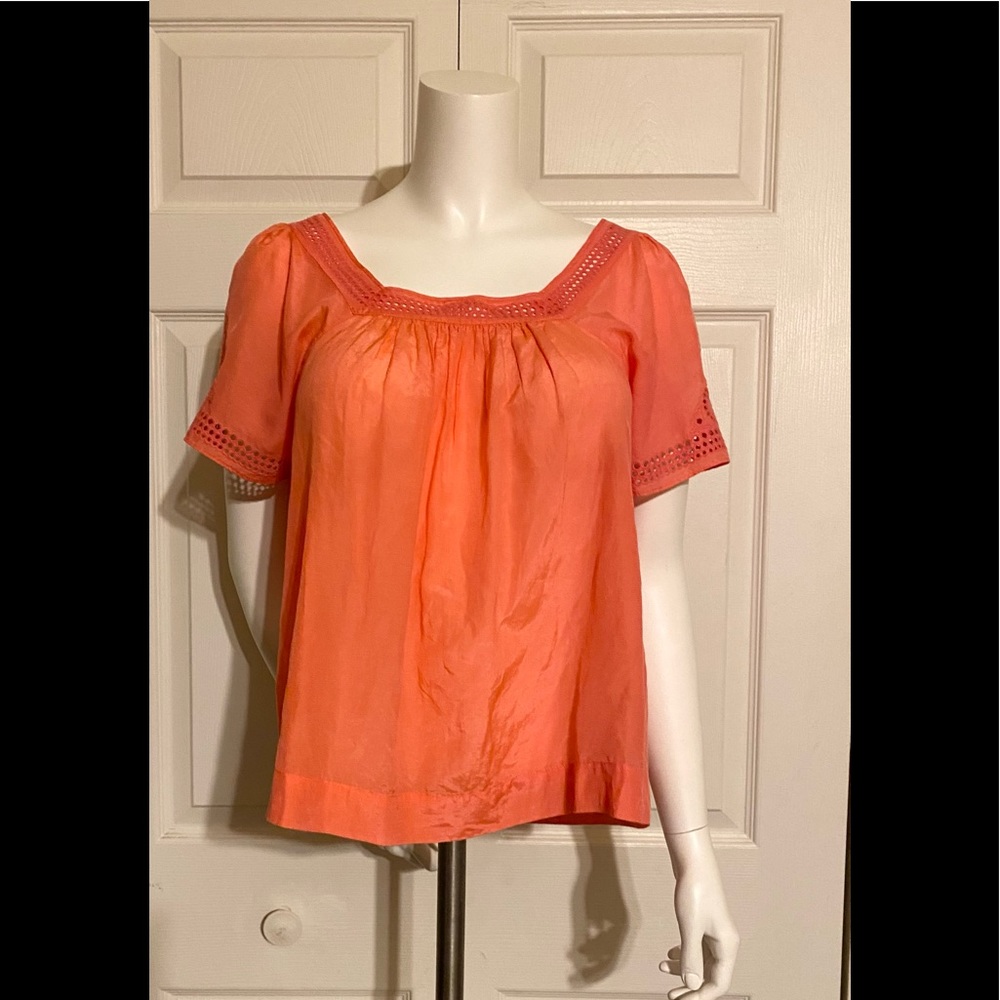 EUC J. Crew Coral Sheer Eyelet Blouse SZ 4